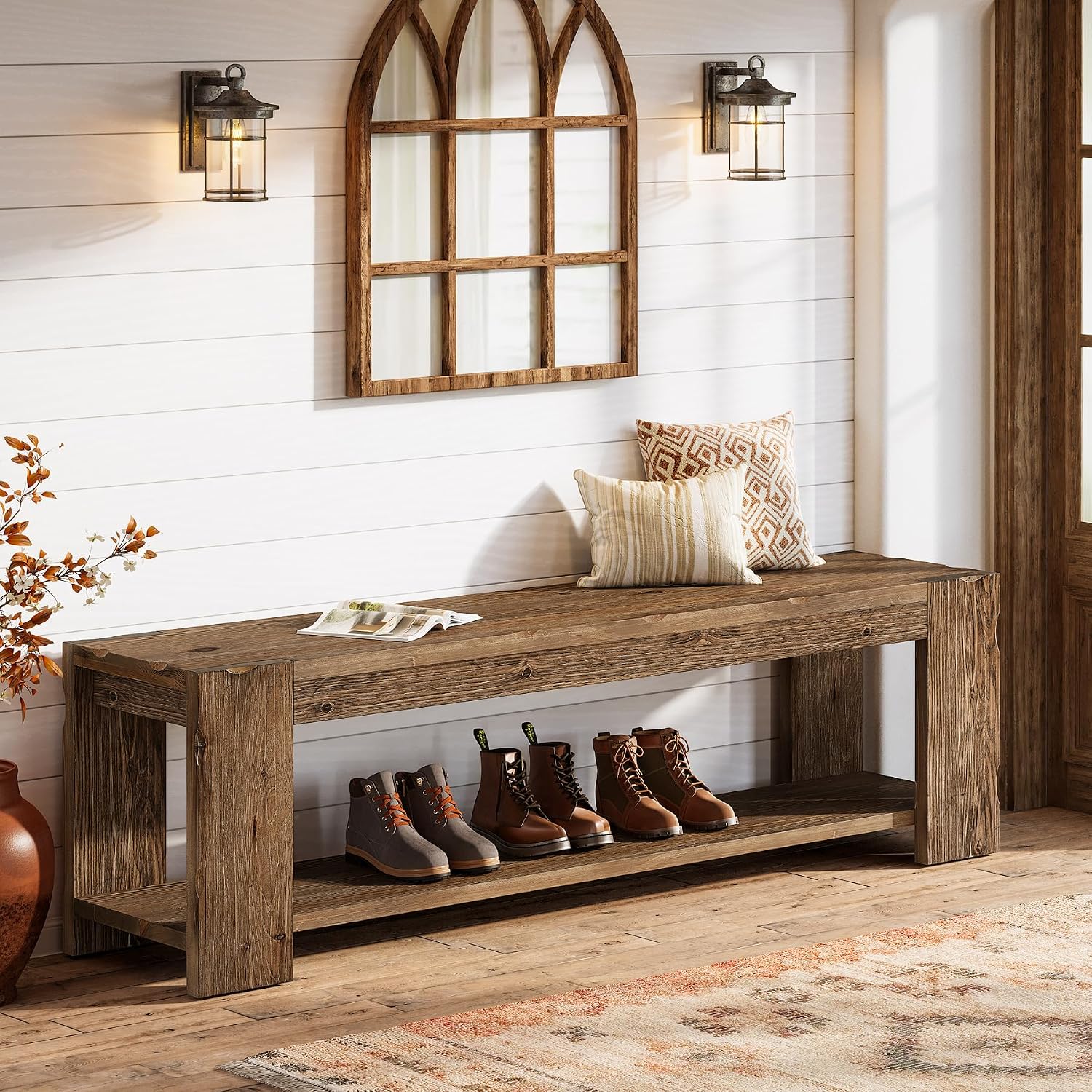 Solid Wood Entryway Bench with Storage Shelf, 55.12-Inch 2-Tier Wood Shoe Bench Seating for Entrance, Hallway, Dining Room, Living Room, Mudroom, Bedroom, Rustic Brown
