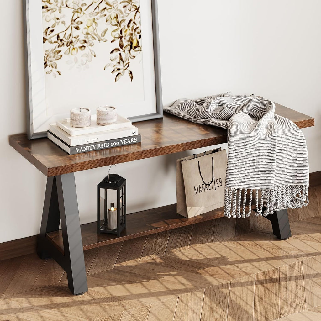 43" Farmhouse Wood Bench Industrial Entryway Bench Rustic Wood and Metal Shoe Storage Bench for Entryway, Living Room, Dining Room