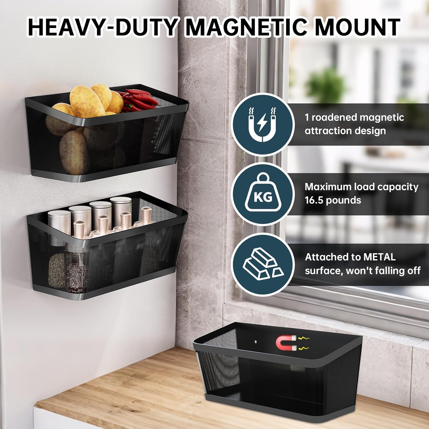 2Pcs Magnetic Spice Rack for Fridge Magnet Hanging Basket Holder for Seasonings Fruit Vegetables Coffee Beans Magnetic Organizer Shelf, Kitchen Refrigerator Organizers