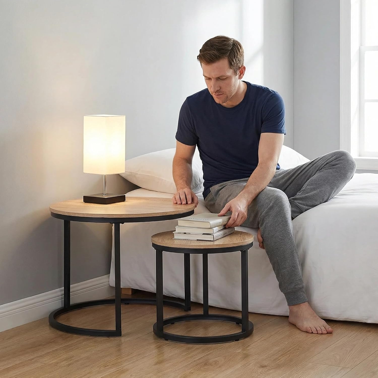 CENSI 24" Natural Oak Round Nesting Coffee Table Set of 2 | Accent Nesting End Table / Side Table, Space-Saving, Modern Industrial Style