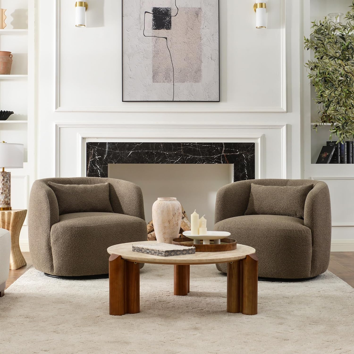 KINWELL 34" Wide Sherpa Swivel Barrel Chairs Set of 2, No Assembly Round Boucle Upholstered Accent Chairs Armchairs Single Sofa Chair with Toss Pillow for Living Room and Bedroom, Teddy Brown