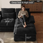 134"U Shaped Sectional Couches for Living Room,Oversized Modular Sectional Fluffy Couch with Chaise Lounge & Tufted Buttons,Modern Chenille 6 Seat Living Room Sofa Set with Storage Console,Black