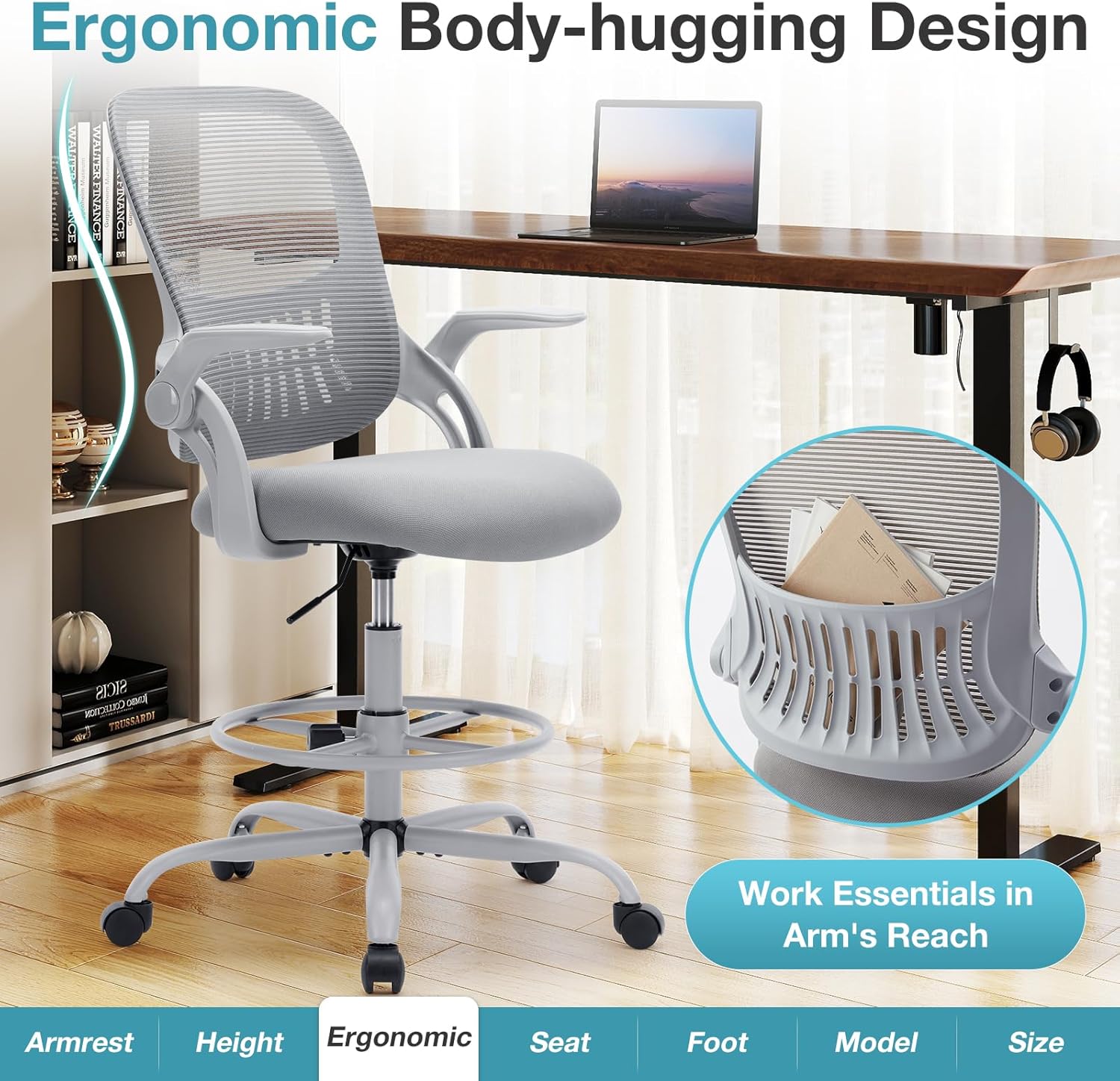 Drafting Chair Tall Office Chair for Standing Desk Counter Height Adjustable, Egronomic Lumbar Support with Flip Up Armrest, Footrest, Rolling, Grey, 1pc