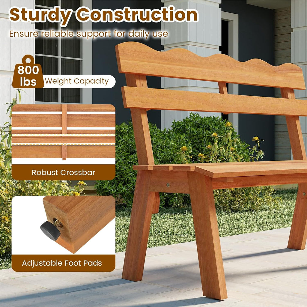 Tangkula Acacia Wood Outdoor Bench with Backrest, 2-Person Patio Garden Bench with Waved Backrest and Slatted Seat, 800 lbs Weight Capacity, Outside Loveseat for Front Porch, Balcony, Backyard, Park