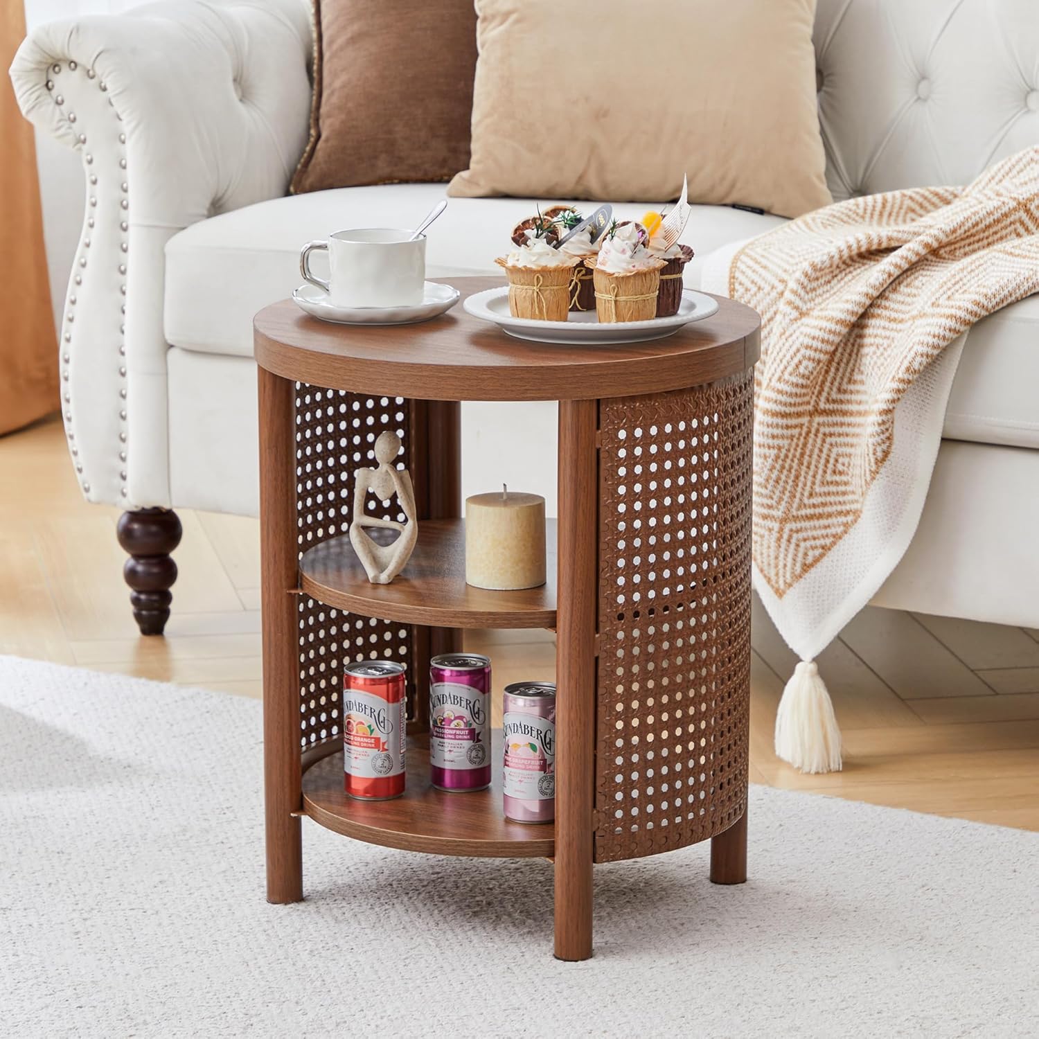 Small Round Side Set of 2, 16" Mid-Century Farmhouse End Table with Iron Rattan for Sofa Couch, Wood Storage Shelf + Metal Frame Nightstand for Bedroom, Living Room, Entryway (Walnut)