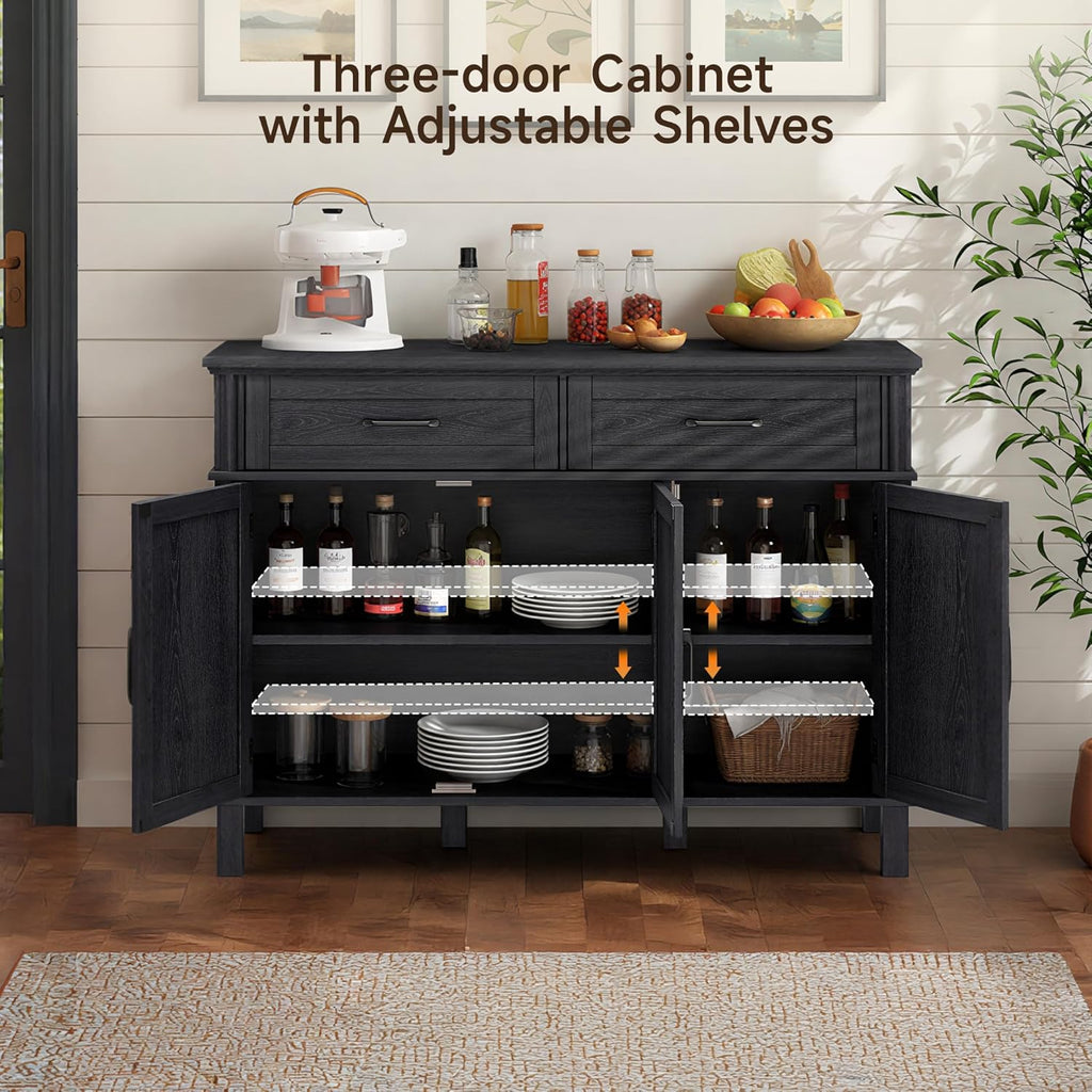 55 Inches Sideboard Buffet Cabinet with Storage, Farmhouse Sideboard Buffet w/2 Drawers and 3 Doors, Kitchen Cabinet with Adjustable Shelf, Wood Kitchen Console Table for Living Room, Hallway, Black