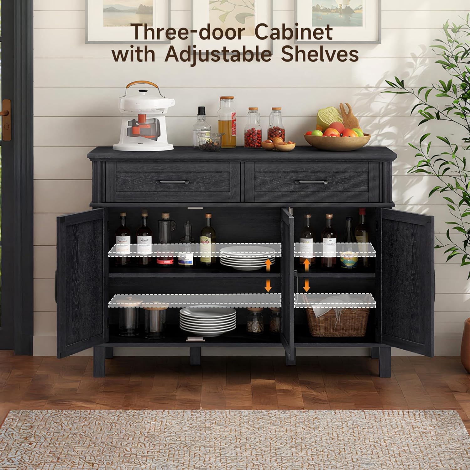 55 Inches Sideboard Buffet Cabinet with Storage, Farmhouse Sideboard Buffet w/2 Drawers and 3 Doors, Kitchen Cabinet with Adjustable Shelf, Wood Kitchen Console Table for Living Room, Hallway, Black