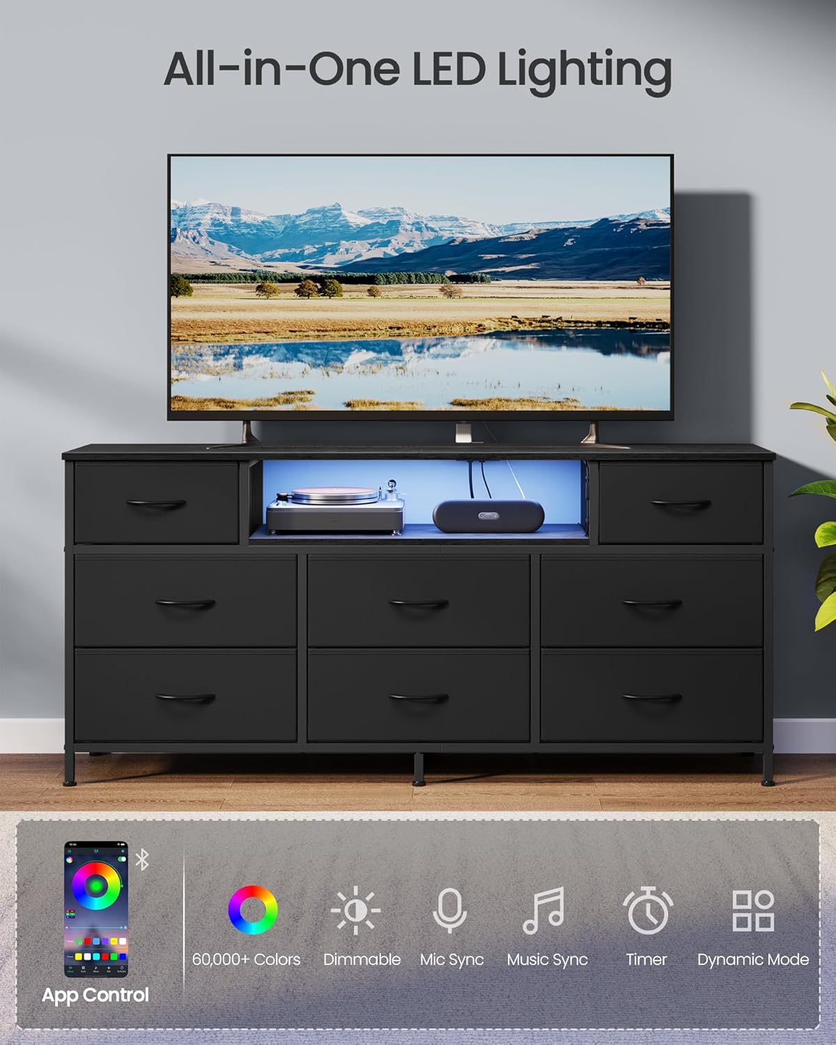 SONGMICS BELLAH Collection - Dresser for Bedroom with Outlets and LED Lights, TV Stand for TVs Up to 65 Inches, Chest of Drawers, 8 Drawers, Steel, Modern, Ink Black ULGS434BH02S