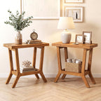 Solid Wood End Table, Small Wooden Side Table with 2-Tier Storage, Narrow Rustic Bedside Nightstand for Living Room, Bedroom, Small Places, Brown (2PCS)