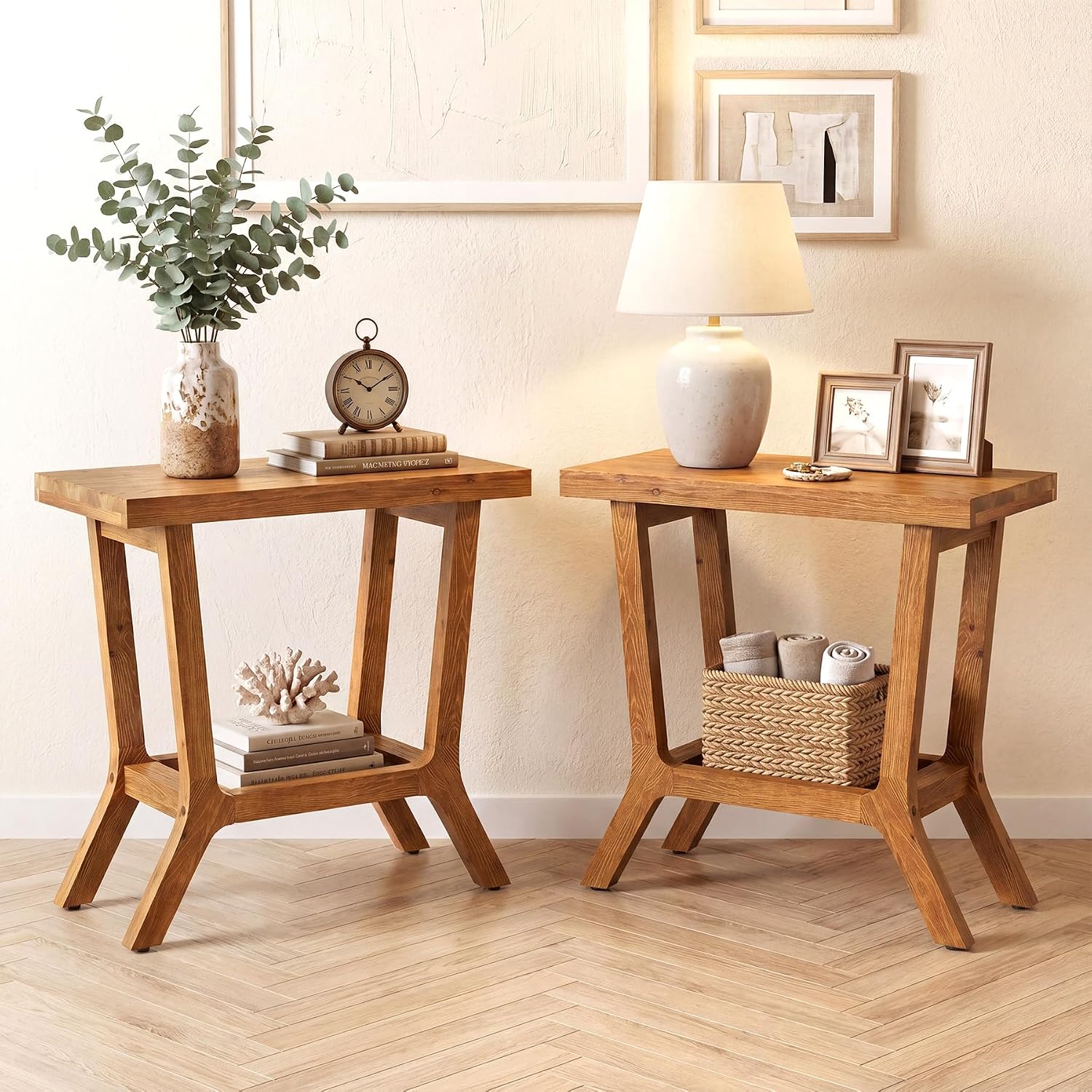 Solid Wood End Table, Small Wooden Side Table with 2-Tier Storage, Narrow Rustic Bedside Nightstand for Living Room, Bedroom, Small Places, Brown (2PCS)