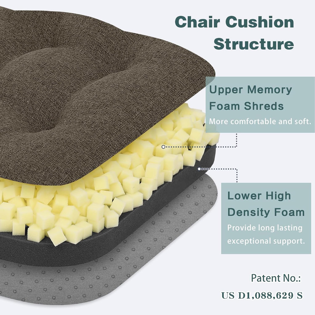 baibu Set of 2 Dining Chair Cushions, Dual-Layer Patent Design Memory Foam Kitchen Chair Cushions, Non-Slip Seat Pads with Ties, 16.5 x 16.5 x 3.5in, 2 Pack, Dark Brown