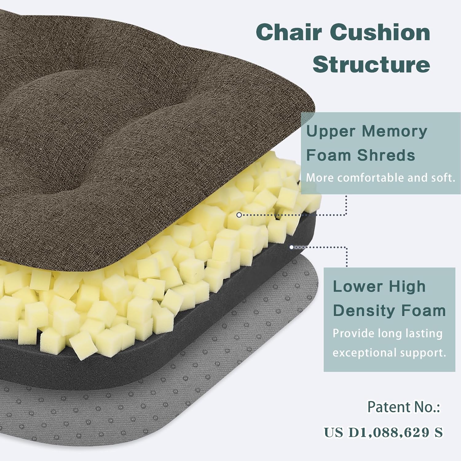 baibu Set of 2 Dining Chair Cushions, Dual-Layer Patent Design Memory Foam Kitchen Chair Cushions, Non-Slip Seat Pads with Ties, 16.5 x 16.5 x 3.5in, 2 Pack, Dark Brown