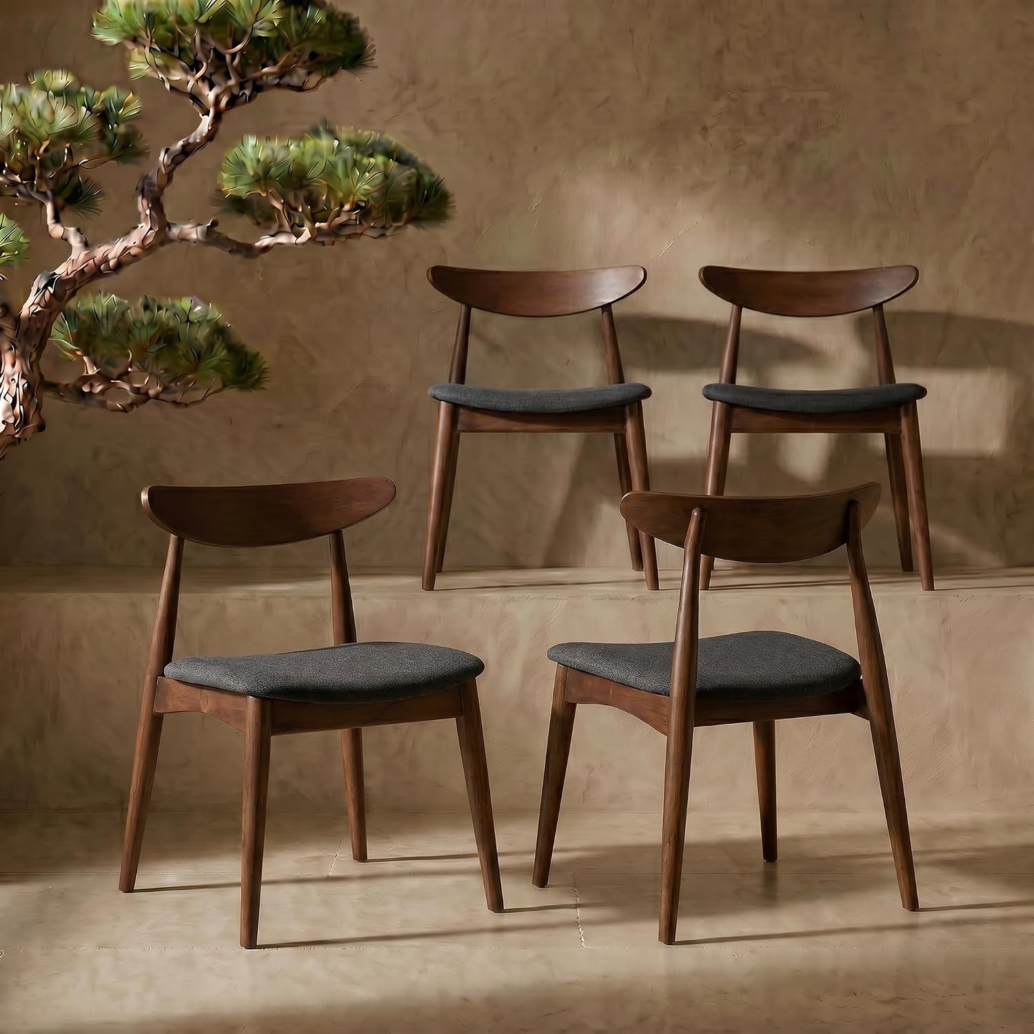 Solid Rubberwood Dining Chairs Set of 4, Mid-Century Modern Chair with Ergonomic Curved Backrest, Walnut Frame and Black Polyurethane Foam Padded Seat