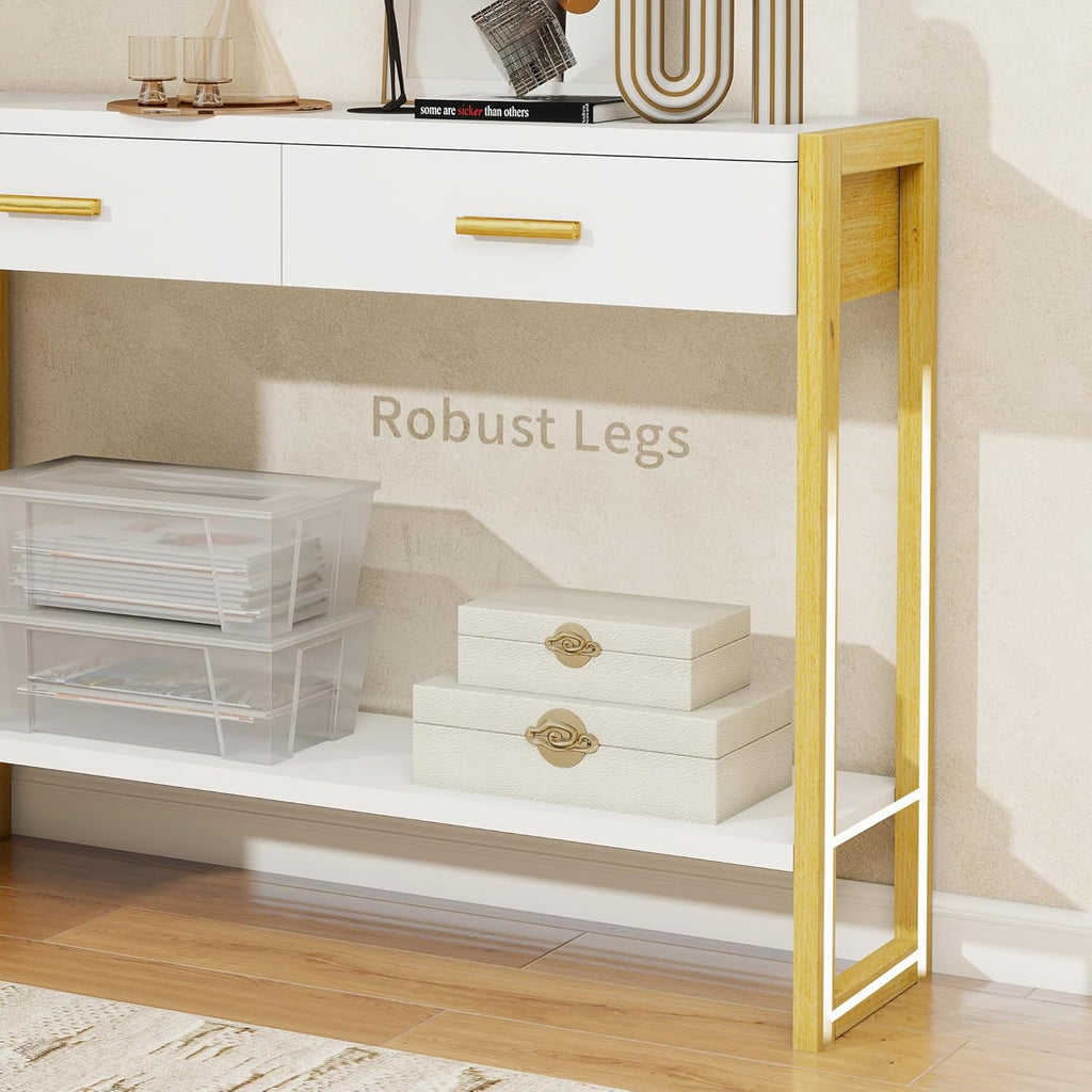 Entryway Table, Sofa Table with 2 Drawers and Storage Shelf, Console Table with Reinforced Legs for Living Room, Entrance, White