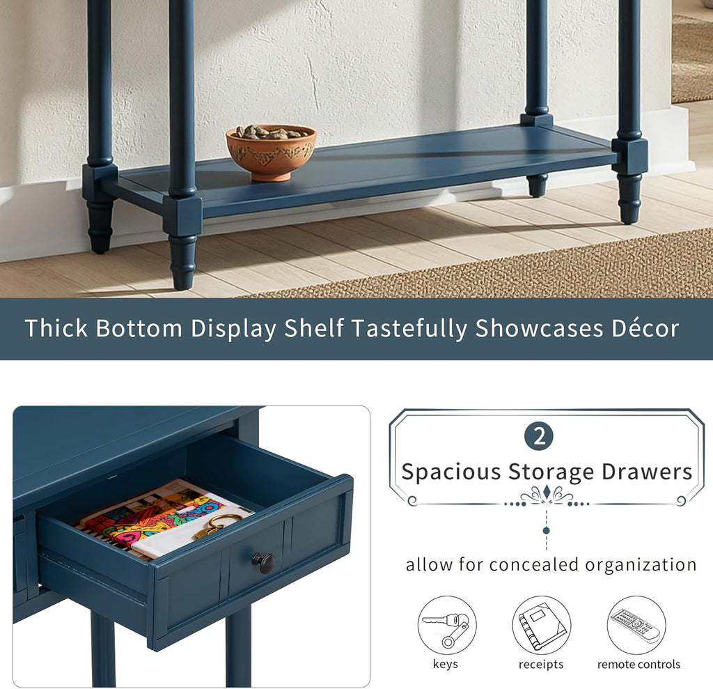 Merax Long Narrow Entryway Console Table with Storage Drawers and Bottom Shelf Dark Navy