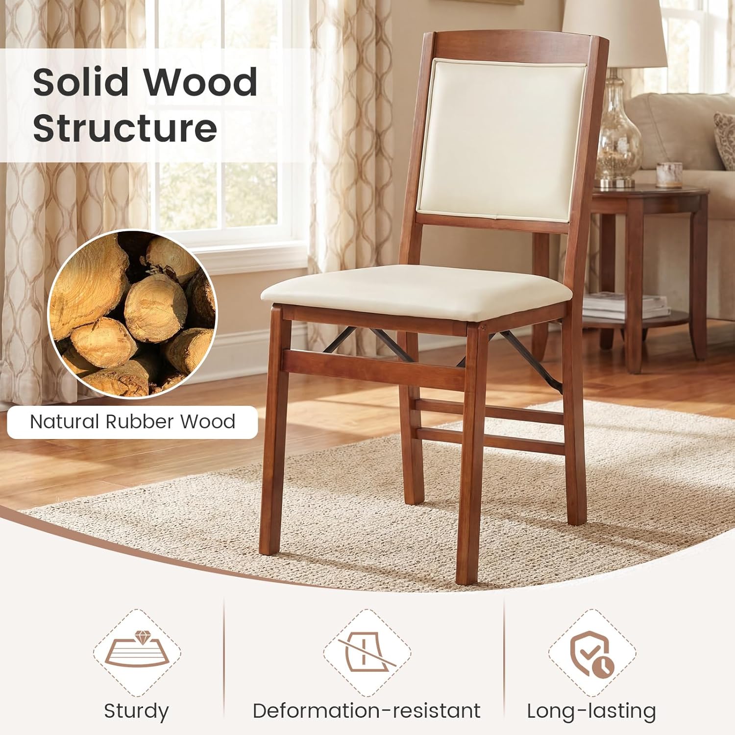 COSTWAY Folding Dining Chairs Set of 2, Wooden Kitchen Side Chairs w/Padded Seat, Solid Wood Frame, 400 LBS Load Bearing, No Assembly Needed, Vintage Foldable Chairs for Dining Living Room, Walnut