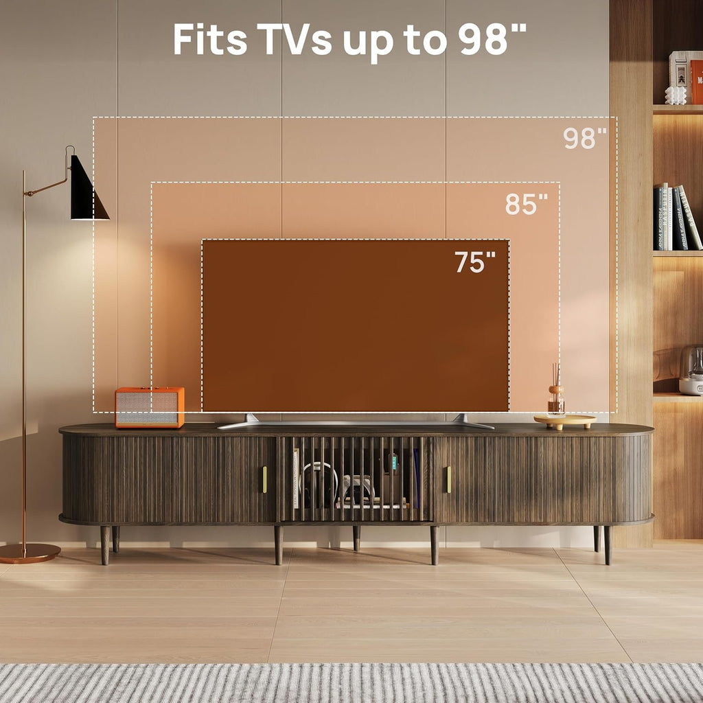 94.5" Fluted Mid Century Modern TV Stand for TVs Up to 80/85/86/90/98/100", Tambour Sliding Doors Entertainment Center with Storage&LED, Curved Media&TV Console Long TV Stands for Living Room, Walnut
