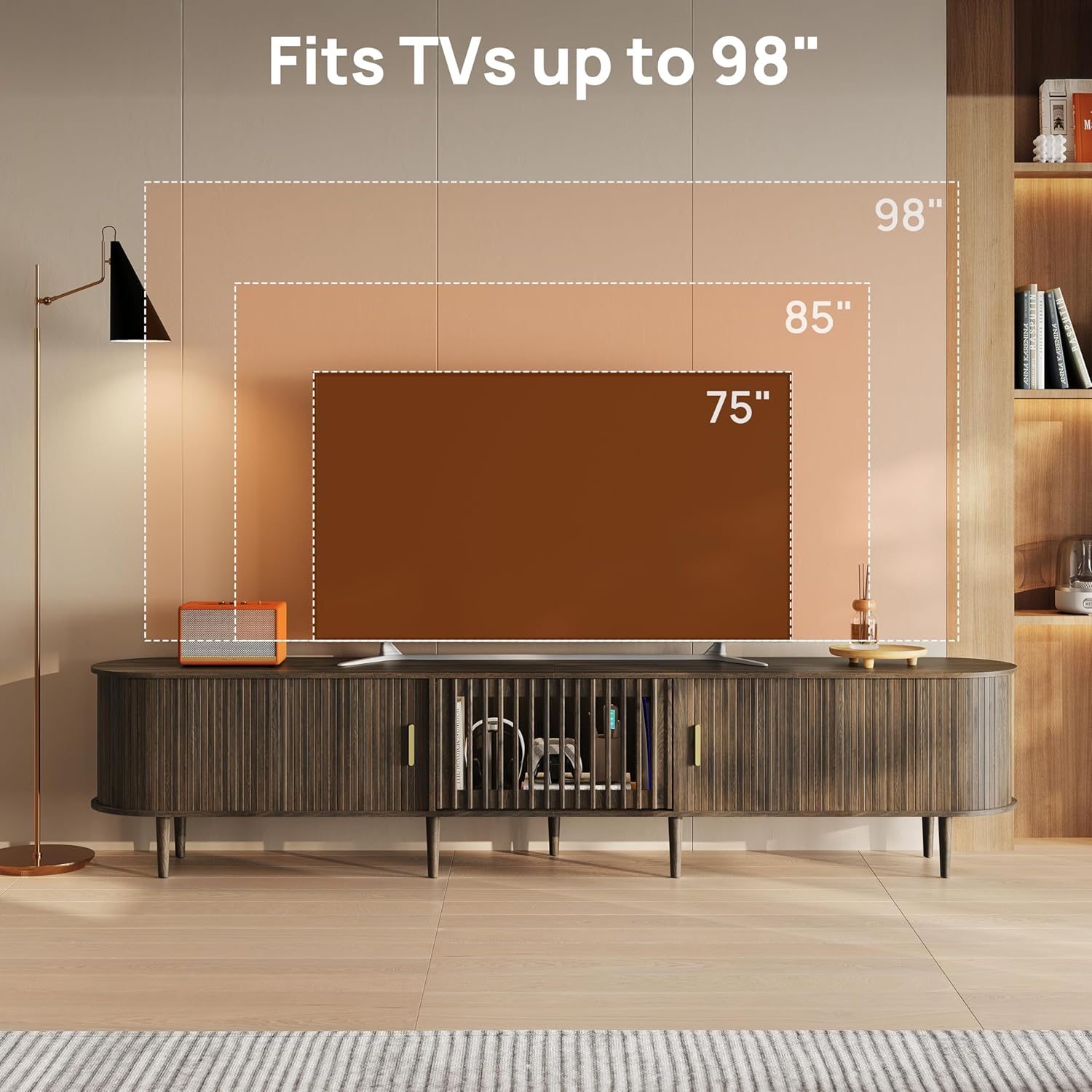 94.5" Fluted Mid Century Modern TV Stand for TVs Up to 80/85/86/90/98/100", Tambour Sliding Doors Entertainment Center with Storage&LED, Curved Media&TV Console Long TV Stands for Living Room, Walnut