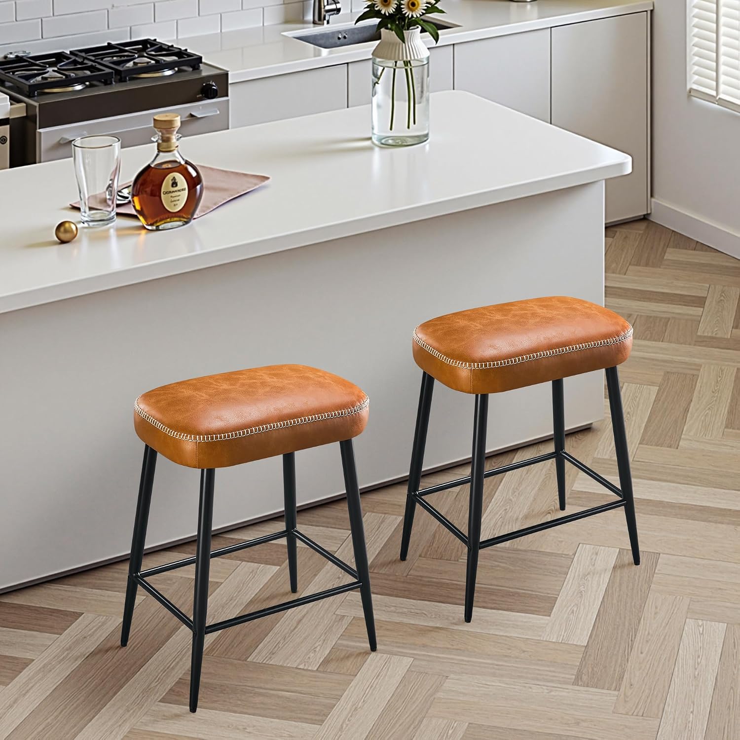 STOOLINK 24 Inch Bar Stools Set of 2, Counter Height Bar Stool for Kitchen Island, Metal Bar Stools for Counter, Modern Kitchen Stools with Sturdy Metal Base and Adjustable Foot Pins, Brown