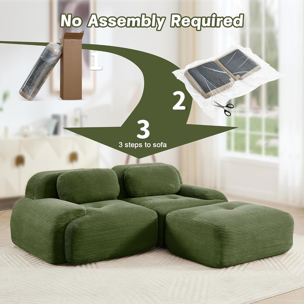 SoarFlash 81” Sectional Cloud Boneless Sofa Couches for Living Room-2 Seater L-Shaped Modern Lounge Couch-No Assembly Modular Corduroy Convertible Sponge Sleeper Sofas with Chaise for Home House,Green