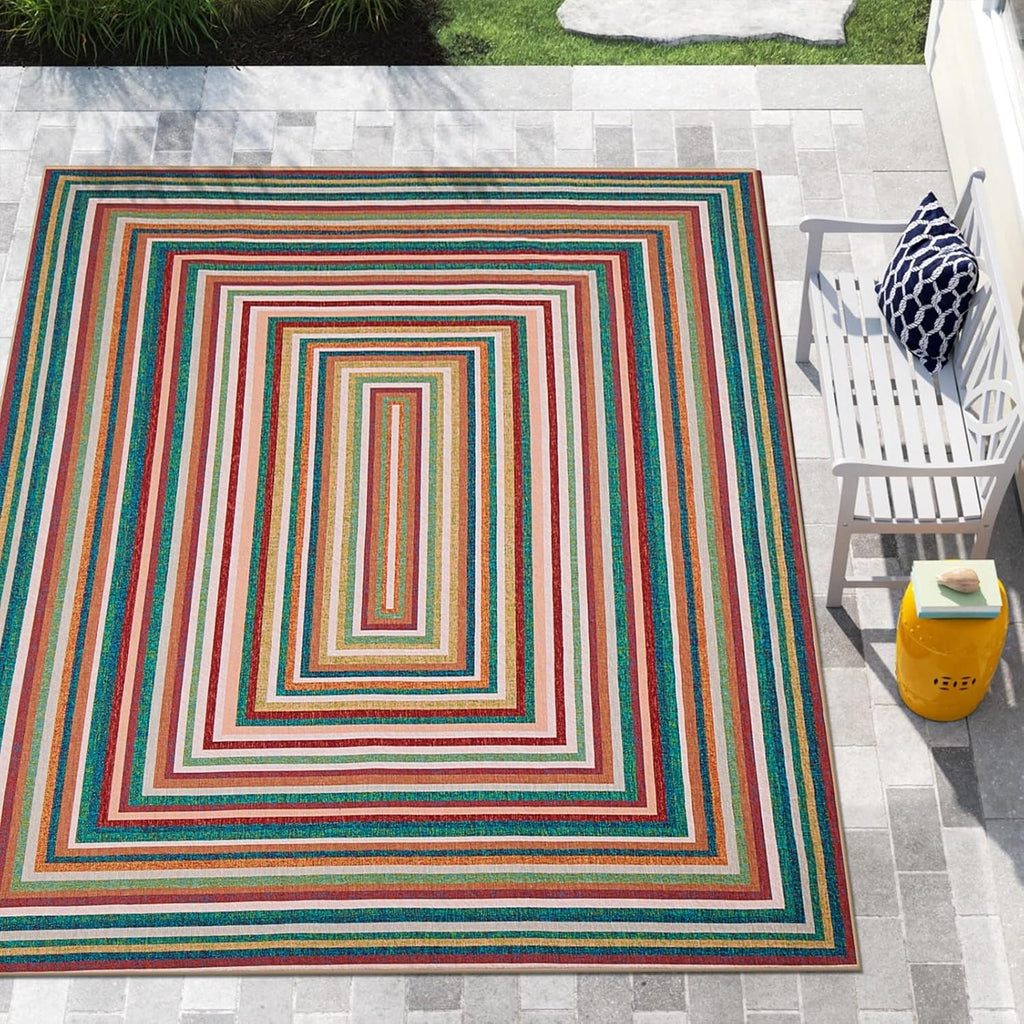 Multicolor Washable Outdoor Rug 8' x 10', Colorful, Stain Resistant, Easy Clean, Waterproof, Durable Area Rug for Outdoor Patio, Deck, Porch, Entryway, Foyer