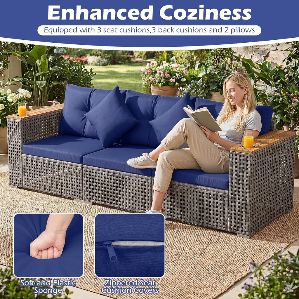 KOTEK 3-Seater Outdoor Couch, 86.5" Large Size Patio Wicker Sofa with Cup Holders & Wood Armrest, Cushions & Pillows, 3 Piece PE Rattan Sectional Furniture Set for Porch, Deck, Backyard (Navy)