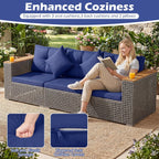 KOTEK 3-Seater Outdoor Couch, 86.5" Large Size Patio Wicker Sofa with Cup Holders & Wood Armrest, Cushions & Pillows, 3 Piece PE Rattan Sectional Furniture Set for Porch, Deck, Backyard (Navy)