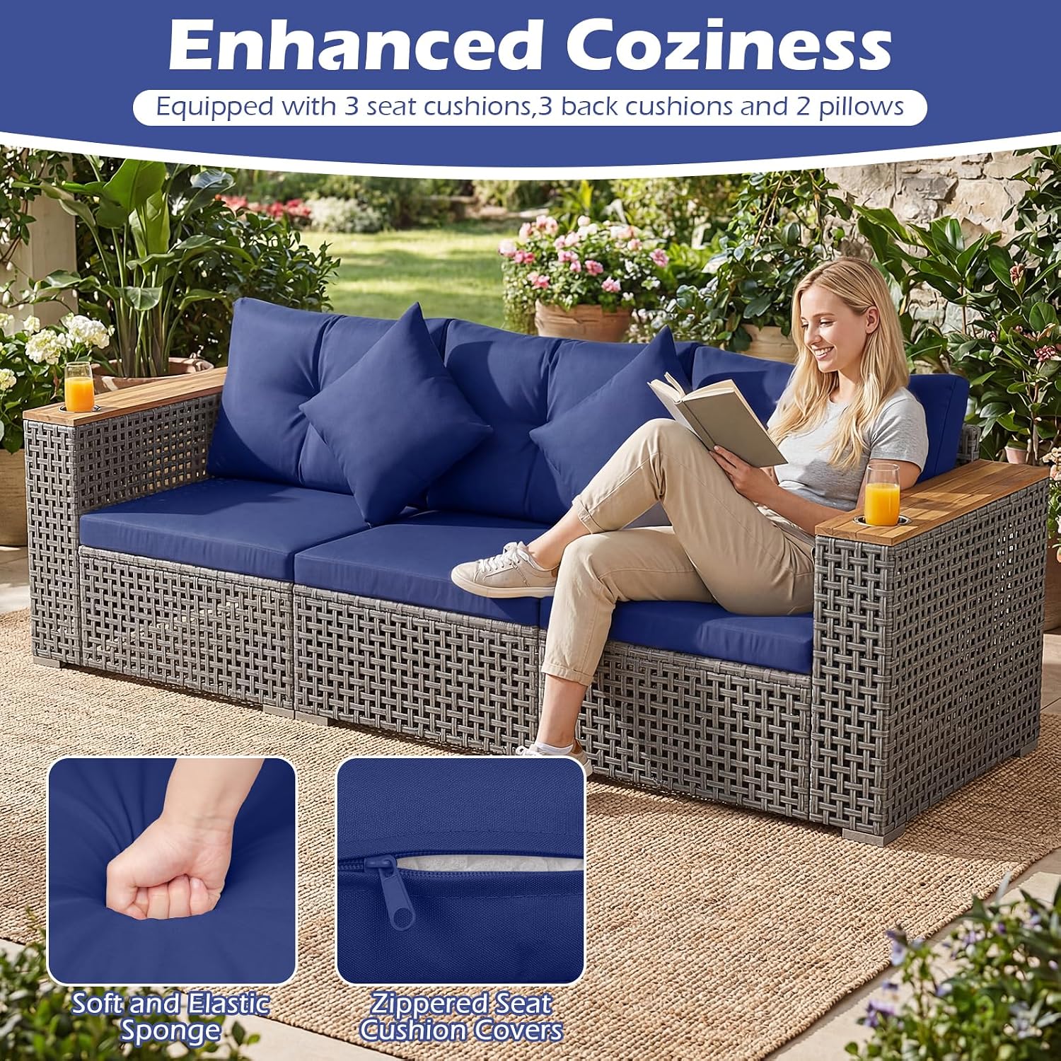 KOTEK 3-Seater Outdoor Couch, 86.5" Large Size Patio Wicker Sofa with Cup Holders & Wood Armrest, Cushions & Pillows, 3 Piece PE Rattan Sectional Furniture Set for Porch, Deck, Backyard (Navy)