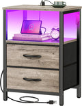 Huuger Night Stand with Charger Station and LED Lights, 2 Drawer Nightstand, Bed Side Table with Open Shelf, End Table, Fabric Drawers for Bedroom, Oak