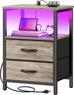 Huuger Night Stand with Charger Station and LED Lights, 2 Drawer Nightstand, Bed Side Table with Open Shelf, End Table, Fabric Drawers for Bedroom, Oak