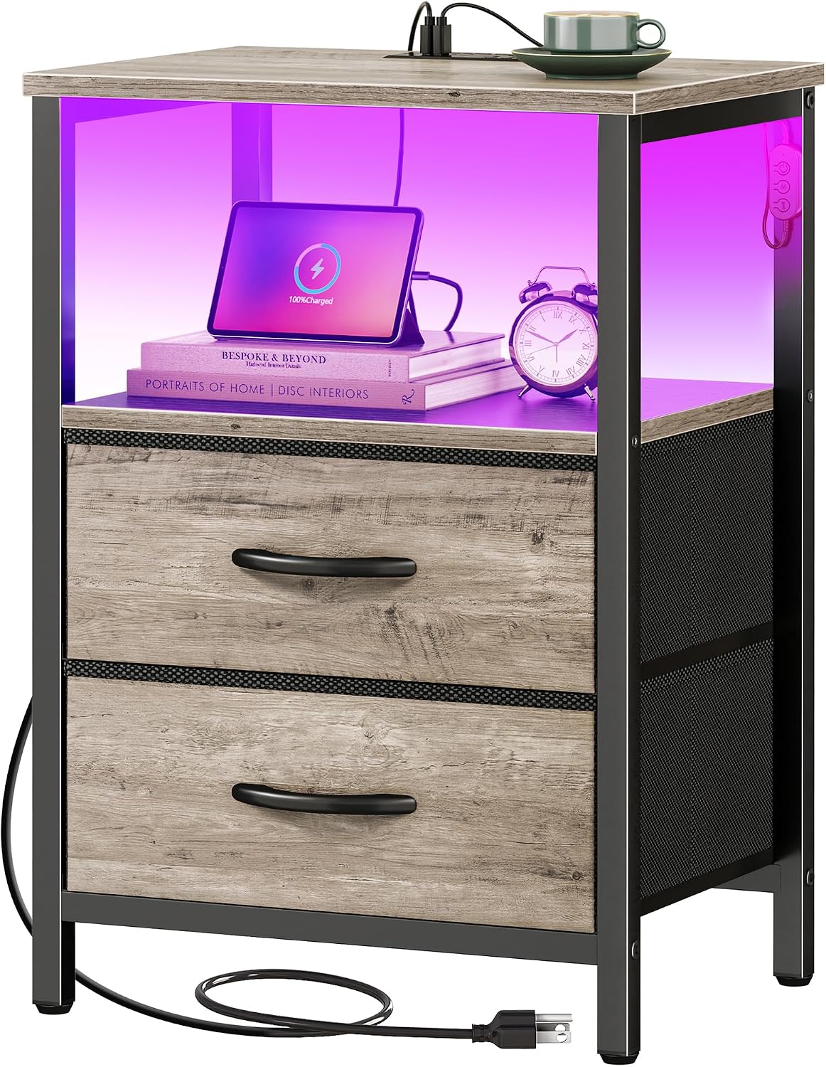 Huuger Night Stand with Charger Station and LED Lights, 2 Drawer Nightstand, Bed Side Table with Open Shelf, End Table, Fabric Drawers for Bedroom, Oak