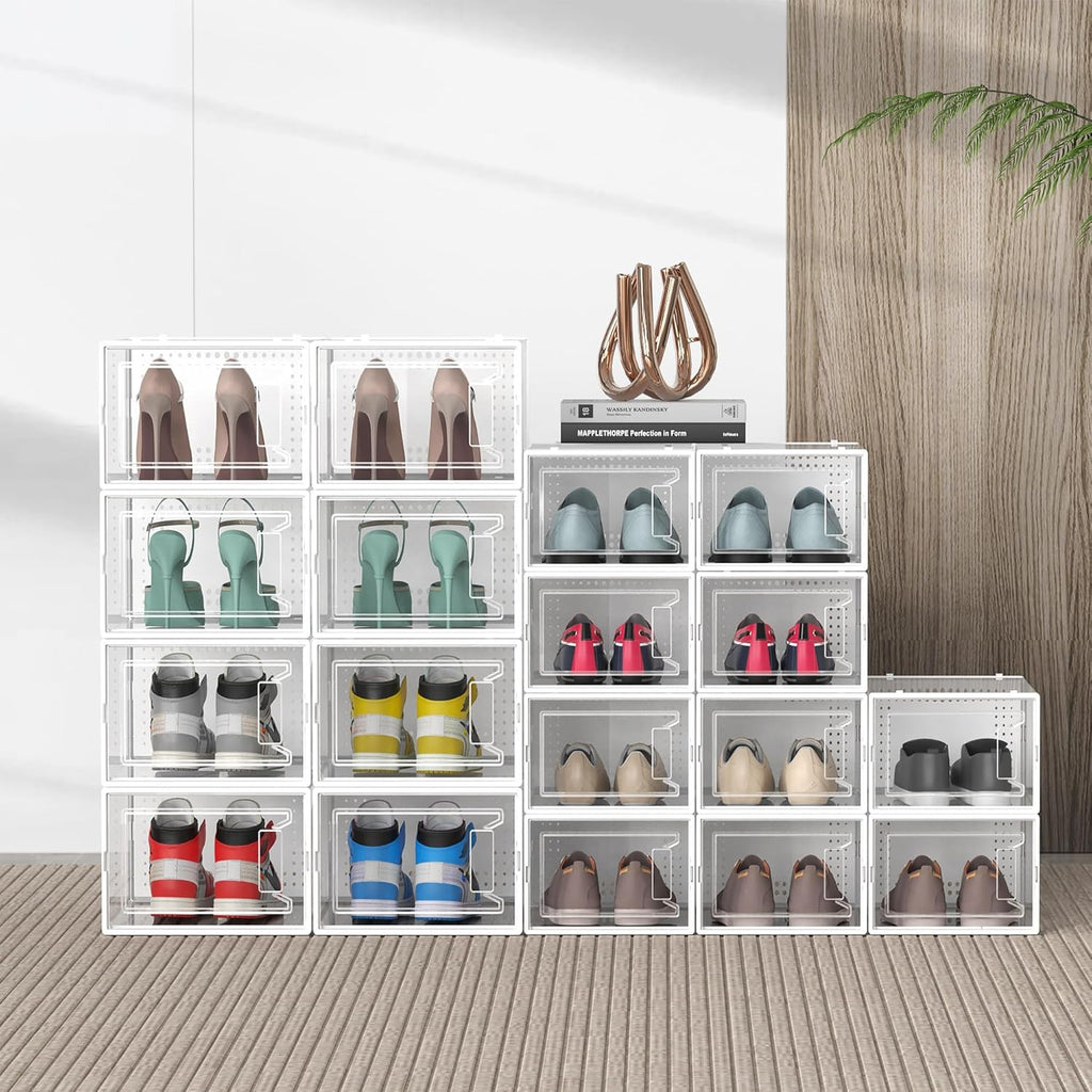 Snaxo 12 Pack Large Clear Shoe Storage Boxes, Stackable Modular Plastic Shoe Organizer Front-Opening Door, Ventilated Dust-Proof Sneaker Display Cases Closet and Entryway, White