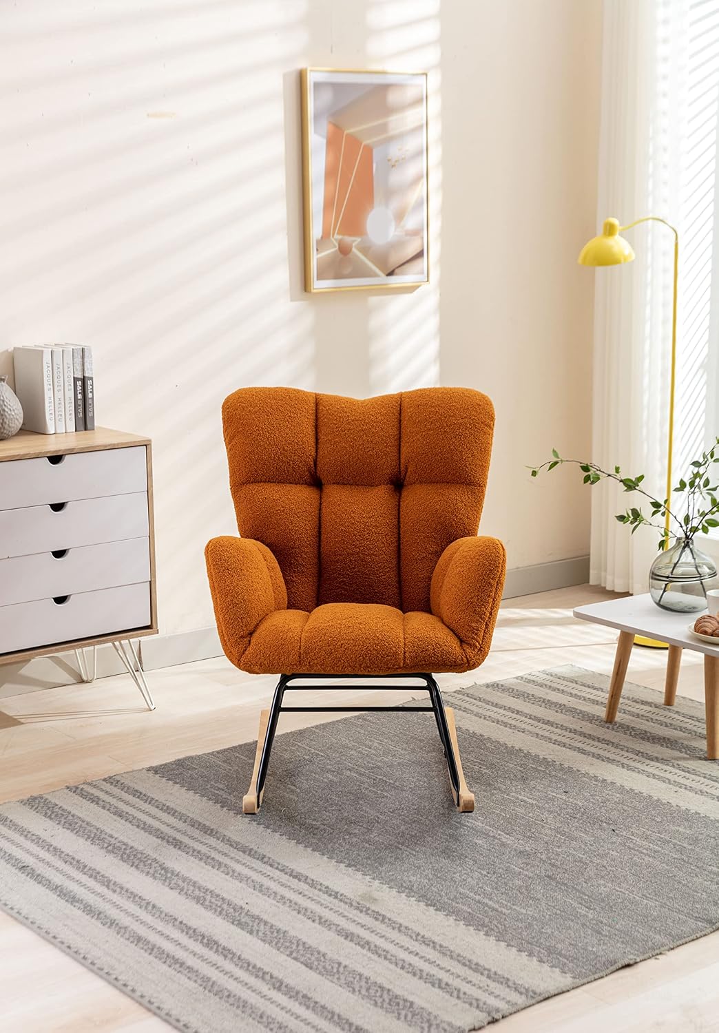 Adulto Teddy Rocking Chair Outdoor Indoor Living Room Nursery Wooden G,A5 | Soft teddy fabric rocking chair with foam filling, wooden frame, and metal base. Supports up to 250 LBS. Easy 25-min ass
