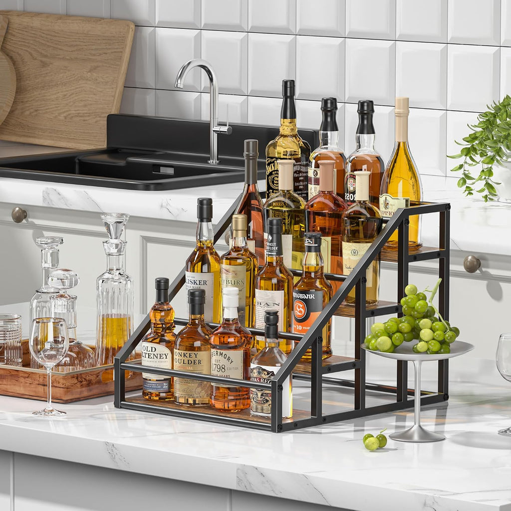 Coffee Syrup Rack Organizer, 4 Tier Countertop Storage Shelves, Kitchen Storage, 16 Syrup Bottle Stand Holder for Wine, Liquor, Kitchen Coffee Station Organizer Rack, 13.8"x16.9"x13.0", Rustic Brown