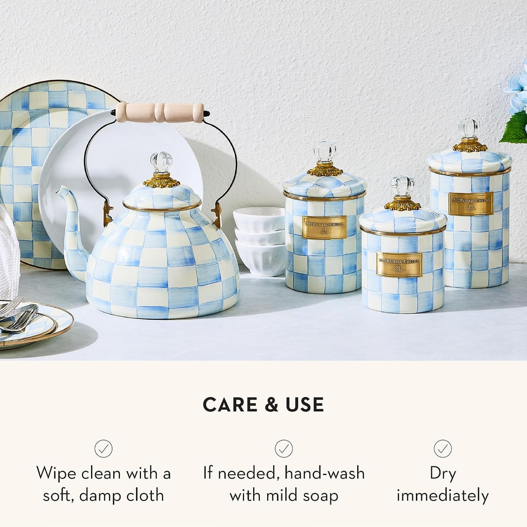 MACKENZIE-CHILDS Enamel Canister, Kitchen Storage Container with Lid, Large, 64-Ounce Capacity, Light-Blue-and-White Sky Check