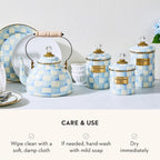 MACKENZIE-CHILDS Enamel Canister, Kitchen Storage Container with Lid, Large, 64-Ounce Capacity, Light-Blue-and-White Sky Check