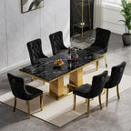 Black Marble Dining Table Set for 6,68 inch Black Marble Table with Golden Double Column Stainless Steel Base, Faux Marble Kitchen Table and Velvet Chairs Set of 6, Dining Room Table Set for 6