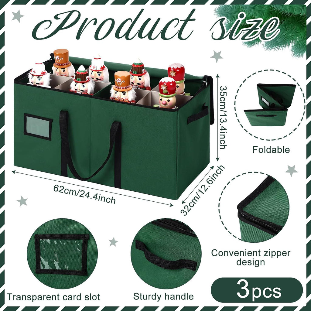 Soaoo 3 Pcs Christmas Nutcracker Storage Box 600d Canvas Christmas Figurine Collectible Storage Box Keeps 24 Holiday Figurines with Lids Handles for Santa Figure or Nutcracker Ornaments (Green)