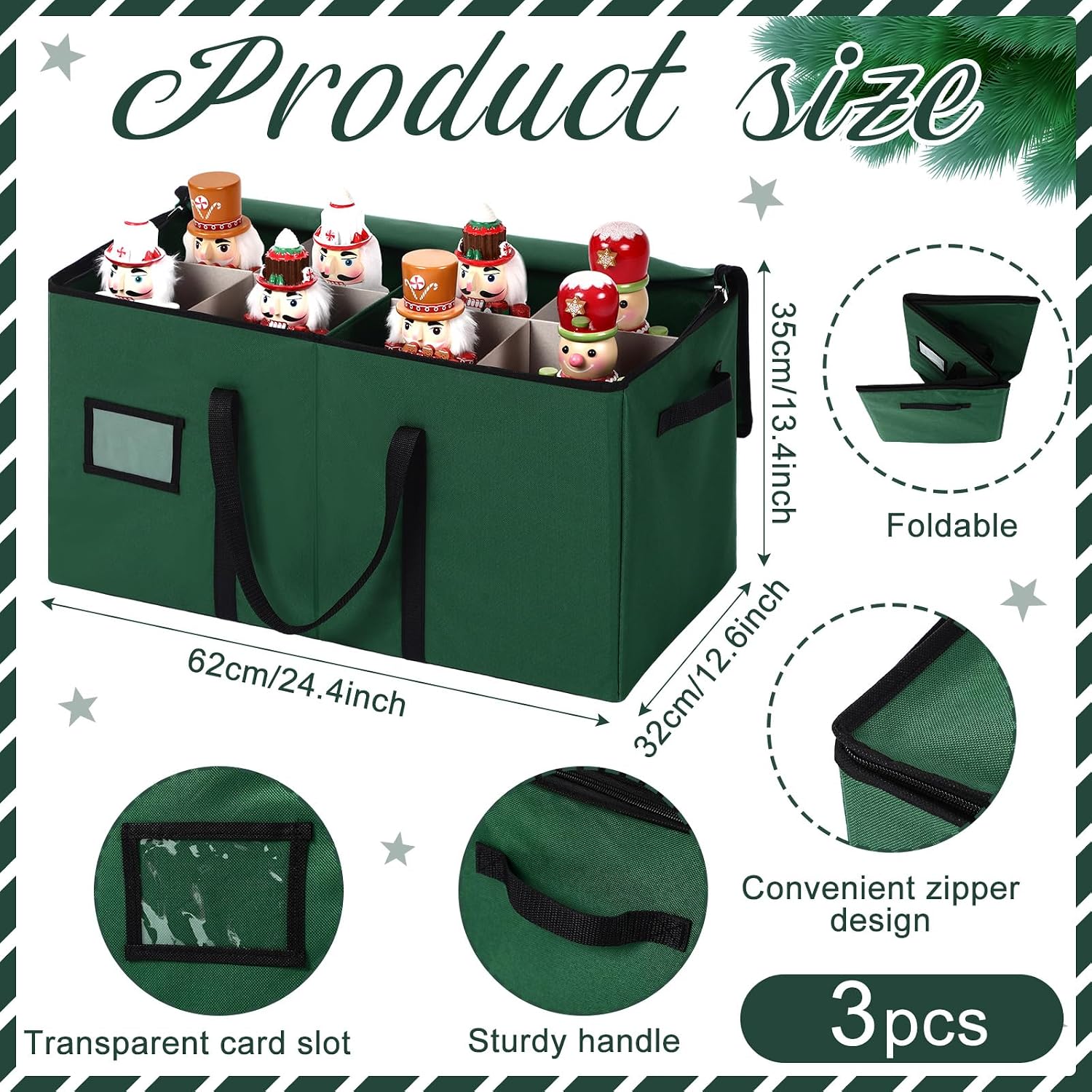Soaoo 3 Pcs Christmas Nutcracker Storage Box 600d Canvas Christmas Figurine Collectible Storage Box Keeps 24 Holiday Figurines with Lids Handles for Santa Figure or Nutcracker Ornaments (Green)