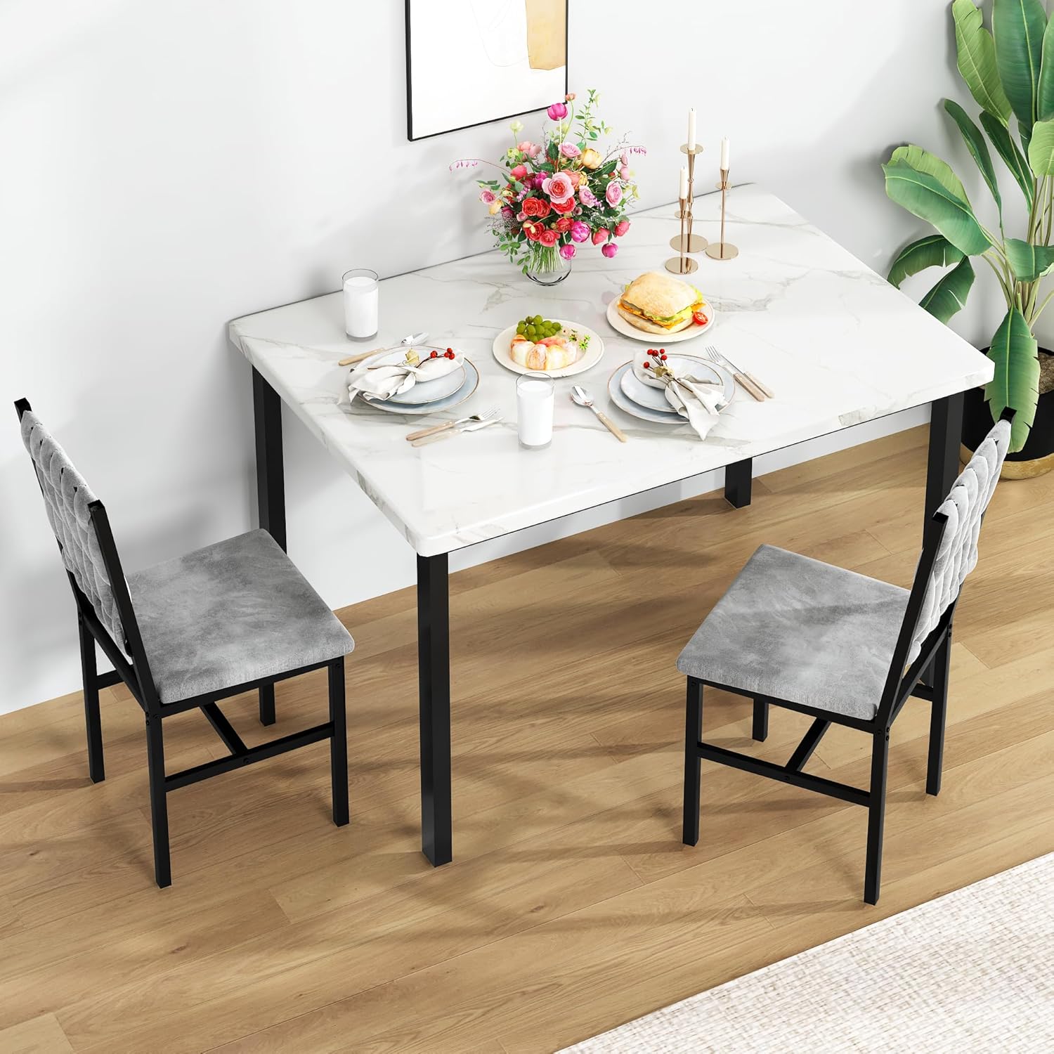AWQM 3 Piece Dining Table Set for 2, Small Kitchen Dining Table with Upholstered Chairs, Compact Dining Table Set for Small Spaces, Space for Dining Room, Living Room, Apartment (White+Gray)