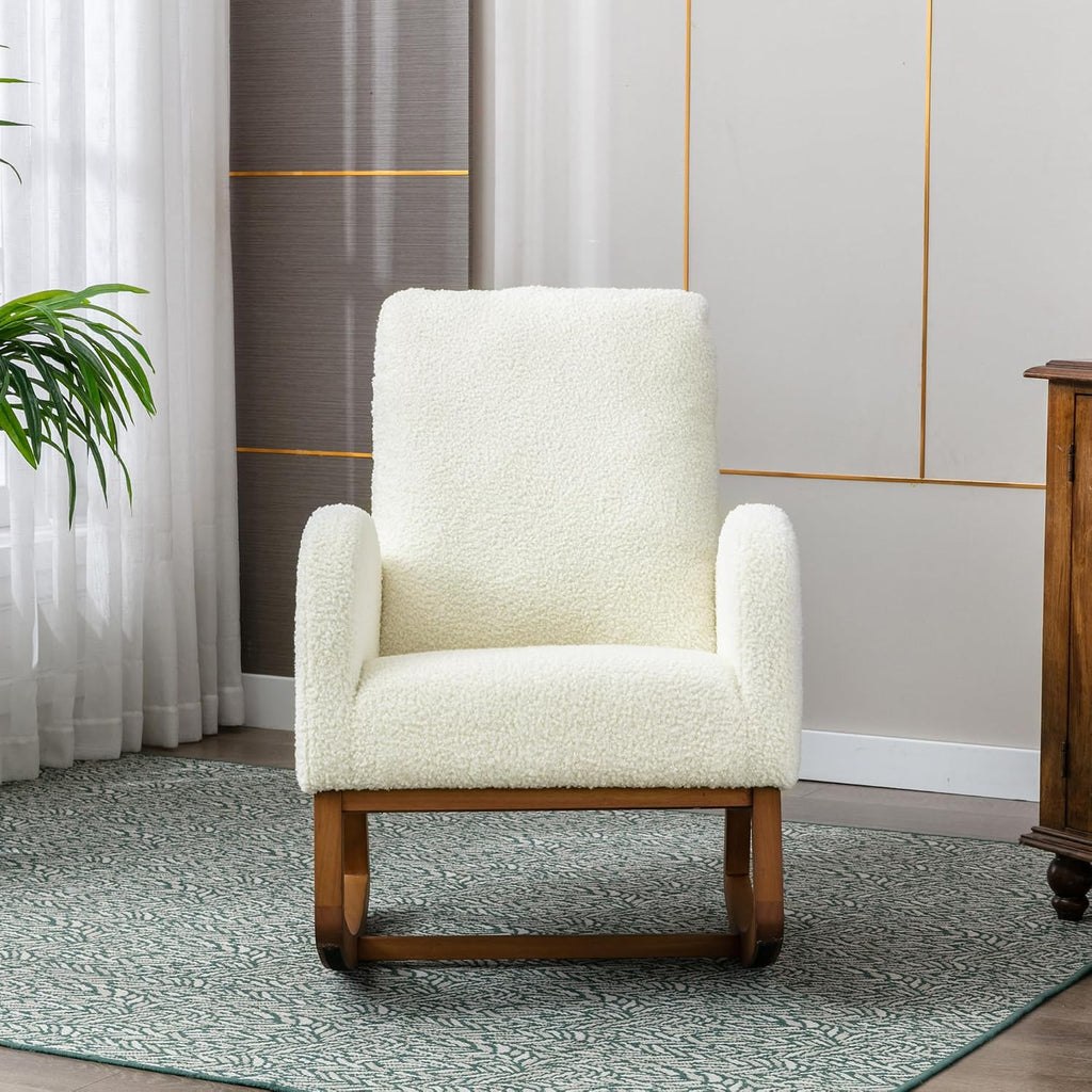 Modern Rocking Chair, Oversized Glider Recliner with High Backrest & Side Pocket, Upholstered Nursery Accent Chair for Living Room, Bedroom, Nursery, Solid Wood Legs (White Teddy)