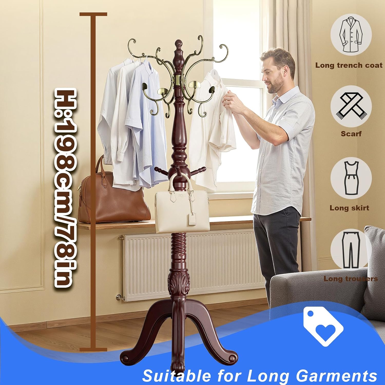 Solid Wood Freestanding Coat Rack, 15 Hooks (12 Metal+3 Wood) Heavy Duty Coat Tree with Triangle Base, 220LBS Load, 78 Inch Tall Walnut Hall Tree for Entryway Bedroom Office