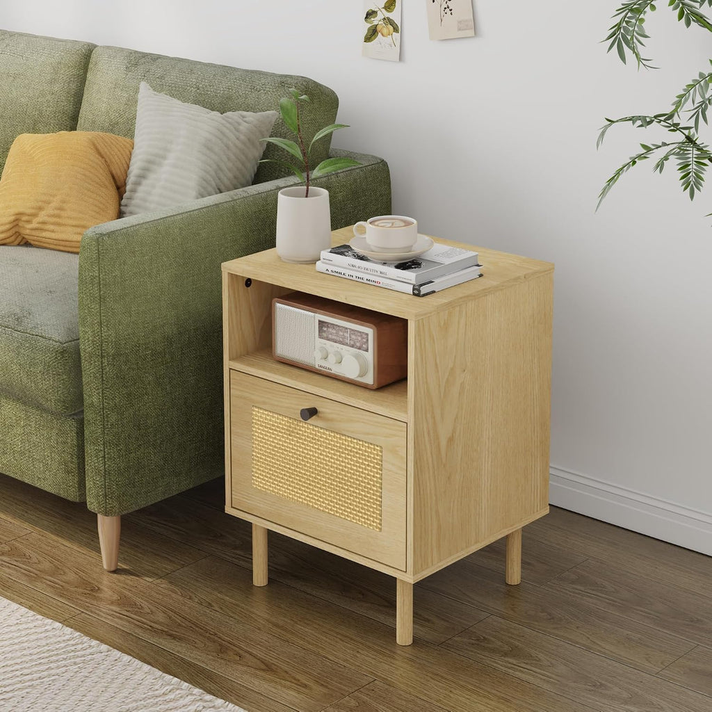 Rattan Night Stand with Drawers, Rattan Natural Oak Night Stand, Boho Nightstand, End Table with Drawer and Storage, Farmhouse Night Stands, Wooden Nightstand for Bedroom, Living Room,Office