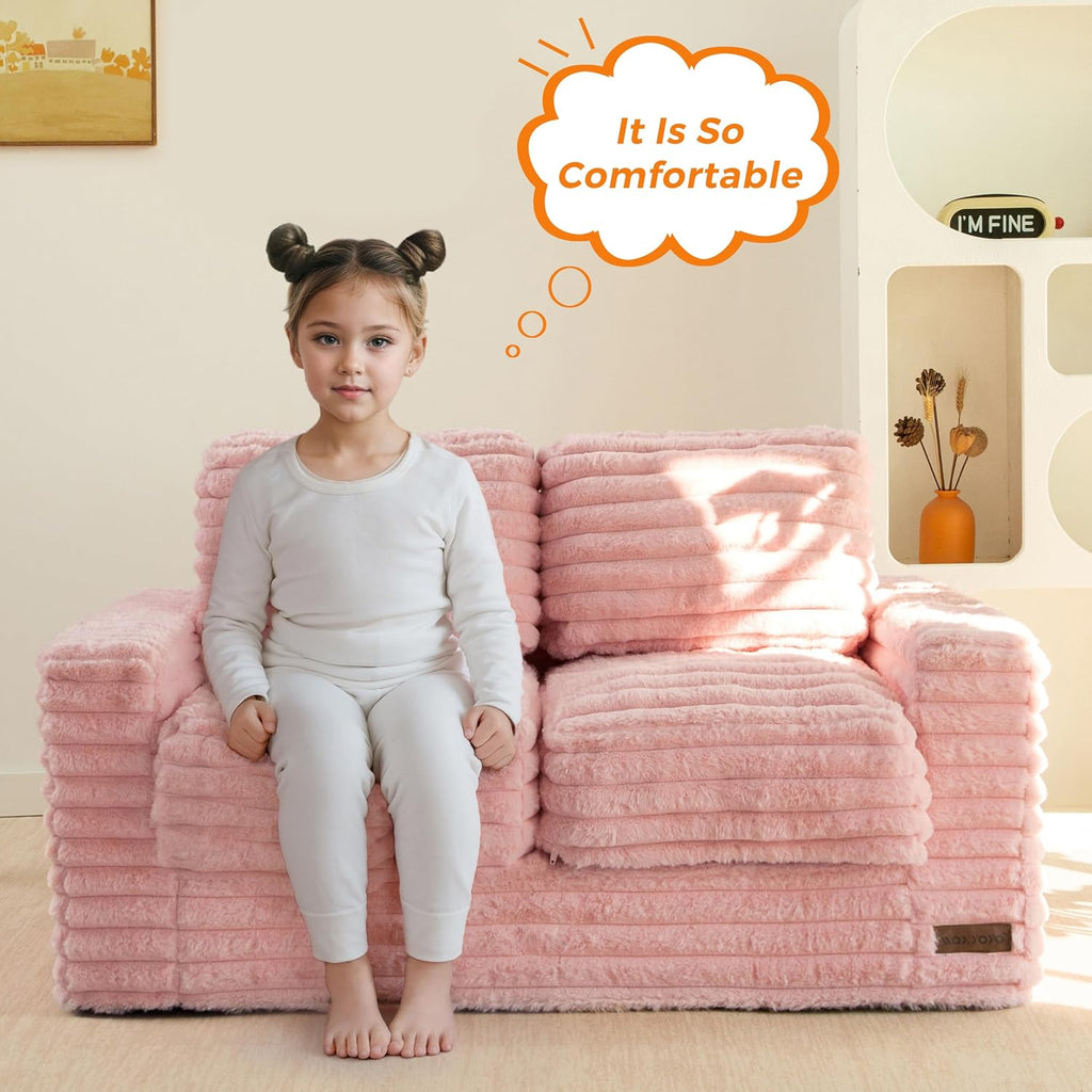 MAXYOYO Extra Wide Kids Bean Bag Chair, Comfy Faux Fur Bean Bag Sofa with Filler, Upholstered Floor Sofa with Pillows and Armrests, Lazy Floor Chair Couch for Boys and Girls, Pink