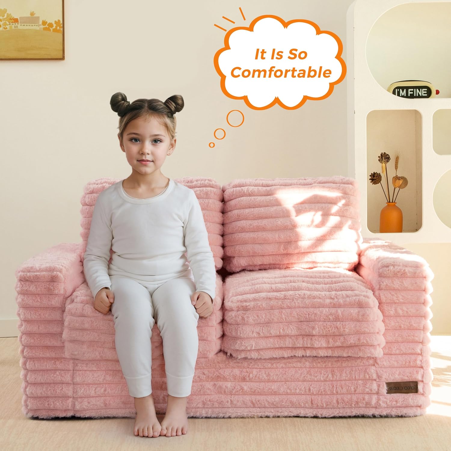 MAXYOYO Extra Wide Kids Bean Bag Chair, Comfy Faux Fur Bean Bag Sofa with Filler, Upholstered Floor Sofa with Pillows and Armrests, Lazy Floor Chair Couch for Boys and Girls, Pink