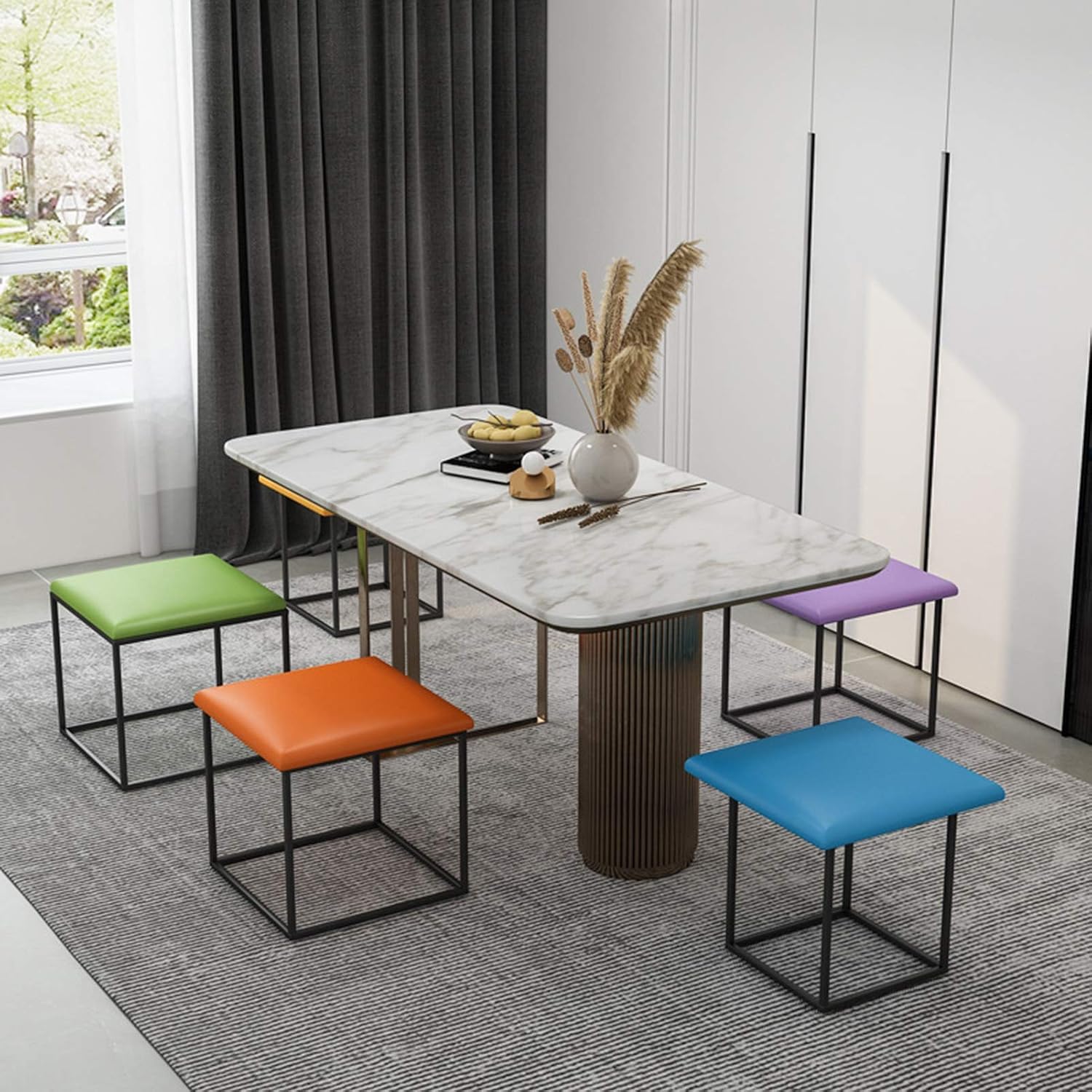 Blue Leather Square Stool with Storage Footstool and Padded Seat
