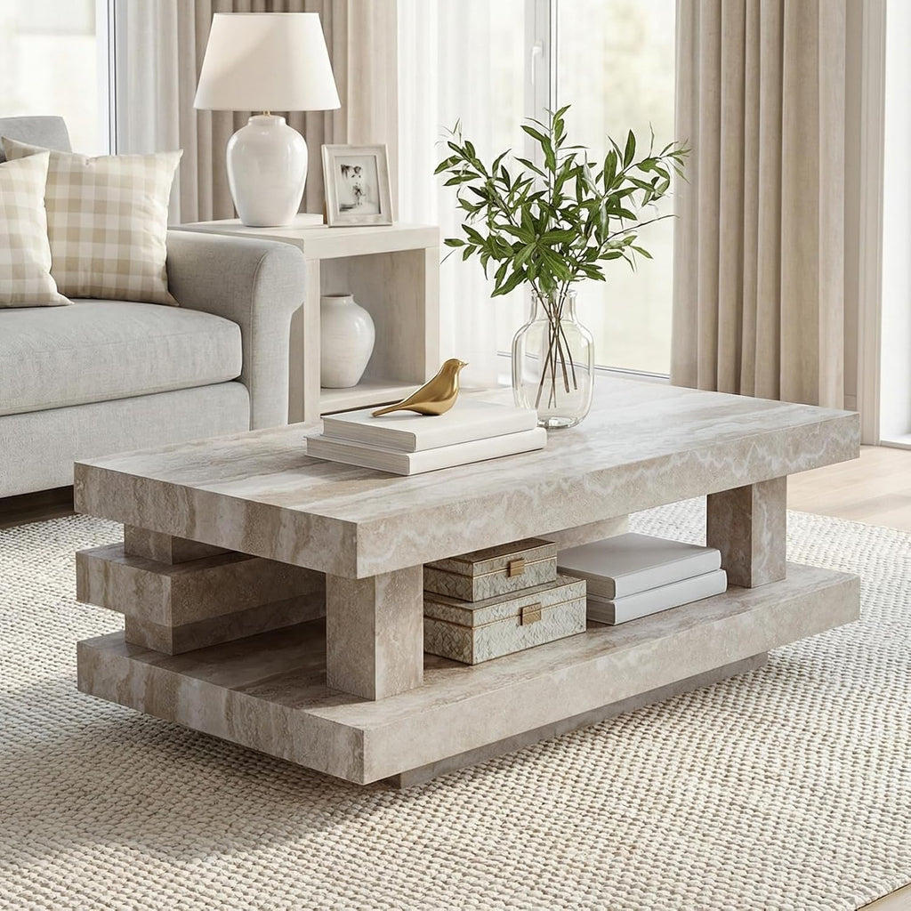 LKTART 43.3" Coffee Table, 2-Tier Stone Travertine Pattern Center Table with Open Storage, Mid Century Rectangular Wood Tea Table for Living Room, Bedroom, Office