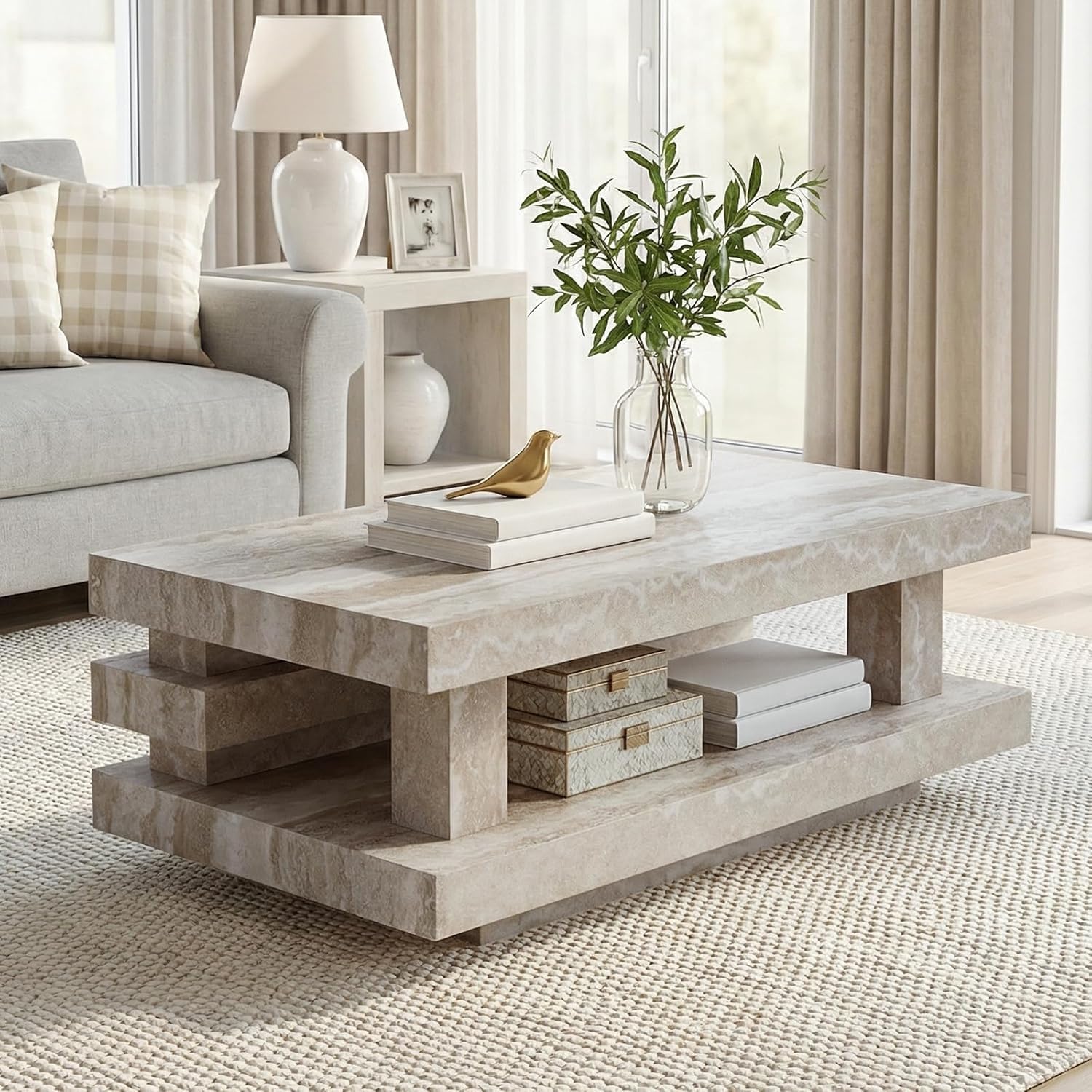 LKTART 43.3" Coffee Table, 2-Tier Stone Travertine Pattern Center Table with Open Storage, Mid Century Rectangular Wood Tea Table for Living Room, Bedroom, Office