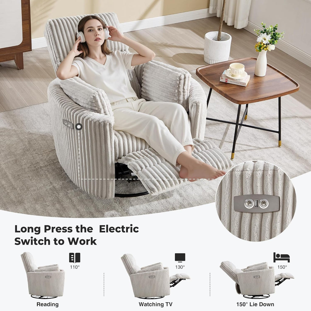 Power Recliner,Nursery Swivel Glider Rocking Chair with USB Port,Upholstered Adult Electric Recliner Rocking Chair with 2 Pillows for Living Room Bedroom(Lightgrey Corduroy, Power-Driven)