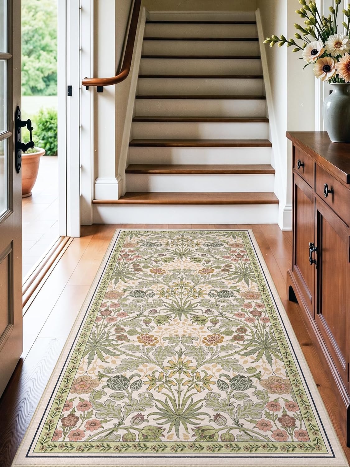 3x6 Washable Non-Slip Entryway Rug: Floral Indoor Runner Rugs Floor Carpet for Hallways Kitchen Bedroom Laundry Bathroom Beside Bed - Stain & Fade Resistant, Boho Botanical Design 3x6 Beige